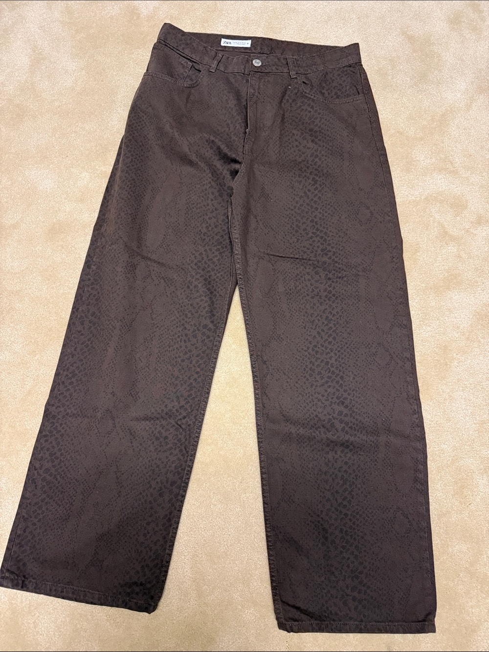 Zara Dark Brown Snake-Print Straight Denim